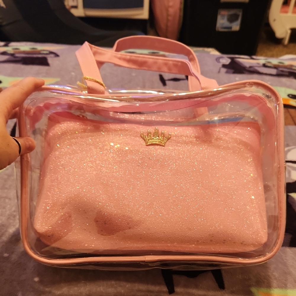 Pink Cosmetic Bag‎ with Transparent Design and Top Handle